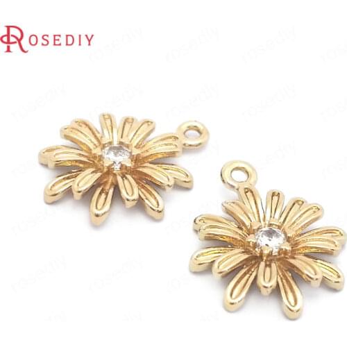 39555)10PCS 15x18MM 24K Gold Color Brass and Zircon Small Daisy Flower Charms Pendants Jewelry Making Supplies Diy Accessories