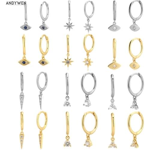 ANDYWEN 925 Sterling Silver Multi Dangle Hoops Crystal Thin Huggies With Charms Loops Circle Clips Earrings Jewelry For Womens