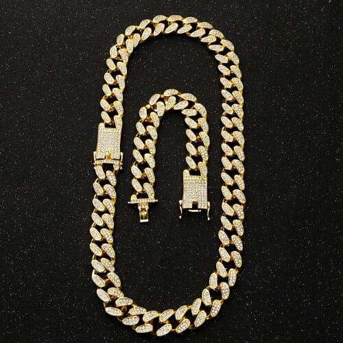Iced Out Bling Crystal Rhinestone Gold Silver Color Cuban Link Chain Necklaces for Mens Hip hop Necklace Bracelet Jewelry 20mm