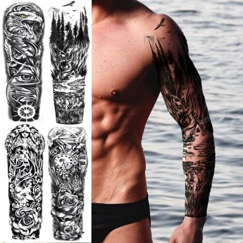 Skull sleeve tattoo designs animal tiger forest full arm temporary tattoos for men tattoo sticker black large big body art tatoo