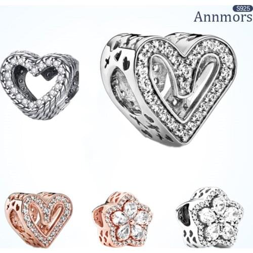 Zircon Heart Charms 925 Sterling Silver Hollow Rose Gold Fits Pandora Bracelets Necklace Wife Girlfriend Festival Jewelry Gifts
