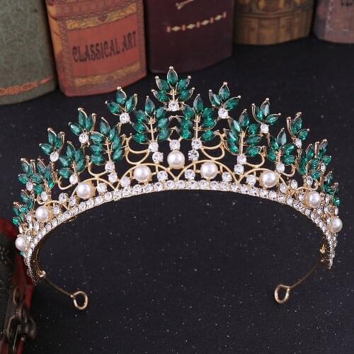 DIEZI Baroque Fashion Green Red Blue Pink White Crystal Tiara Crown Headband Bridal Diadem Crown for Women Wedding Hair Jewelry