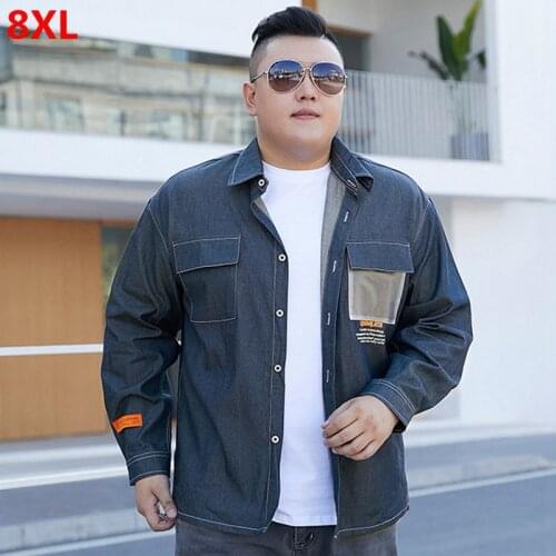 Spring Retro Denim Long Sleeve Shirt Mens Loose Shirt oversized 8XL Plus size 7XL dress shirt for men