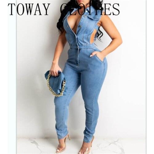 Turn-down Collar Sleeveless Pocket Button Design Cutout Denim Jumpsuit Chic Combinaison Femme Jumpsuit Women Overalls For Women