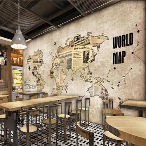 Europe and America Retro Newspaper World Map Yellow Background Mural Wallpaper for Bar Coffee Shop Restaurant Wall Paper 3D
