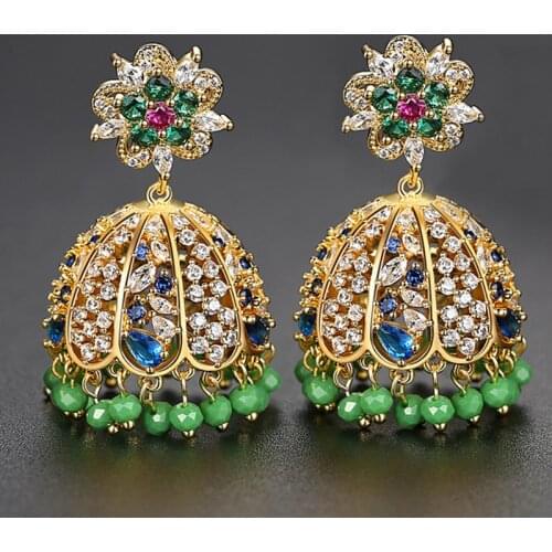 Indian Jhumka Bollywood Ethnic Gypsy Jhumki Crystal Beads Tassel Bells Drop Dangle Earrings Bridal Wedding Party Jewelry Zircon
