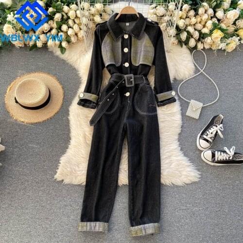 Vintage Denim Jumpsuit Women Korean Loose High Waist Jumpsuits Jeans Romper Fashion Spliced Long Sleeve Denim Overalls Female