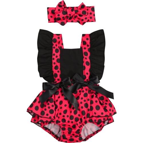 2Pcs Baby Girls Outfit, Toddlers Summer Creative Dot Printing Splicing Skirt Fly Sleeve Lace Up Romper + Bow Headwear Set