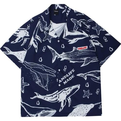 Whale Print Short Sleeve Shirt Mens Summer Fashion Hawaiian Turn-down Mens Shirt Loose Fit Dress Shirts