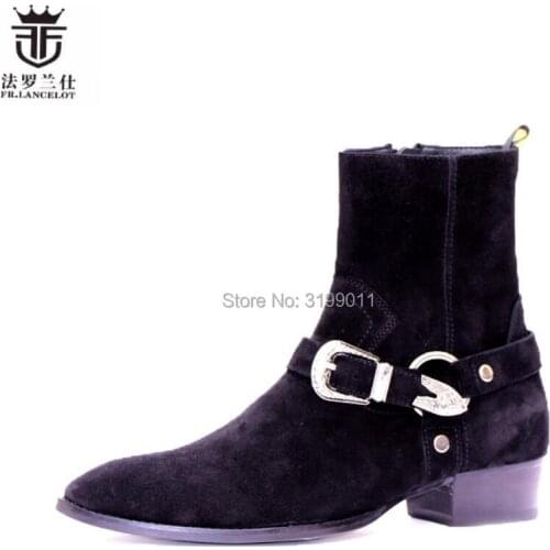 FR.LANCELOT 2020 new fashion men suede leather boots men buckle boots zip up party shoes male sliver belt chelsea booties