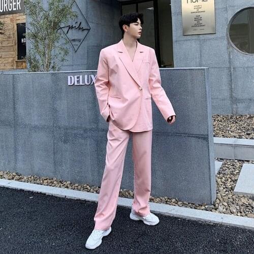 Men 2 PCS Sets (jacket+pant) High Street Fashion Casual Suit Pink Blazer Jacket Male Women Party Stage Show Singer Suits Coat