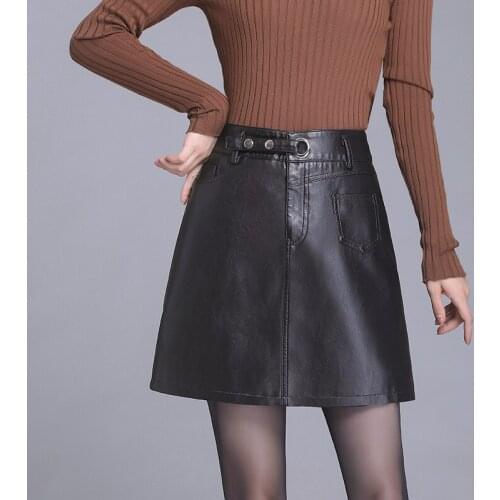 Autumn PU Leather Skirts Elegant Aline Mini Skirts High Waist Button Pocket Leather Skirts with Belt Female 2020 New arrivals