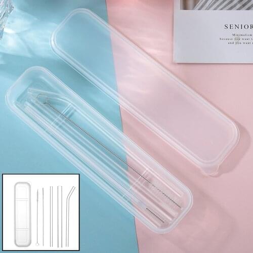 6Pcs/Set Transparent Reusable Glass Straight Bent Drinking Straws with Clean Brush & Plastic Box Wedding Party Daily Supplies