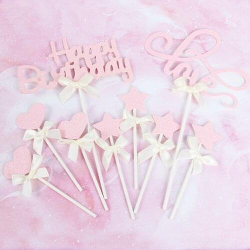 Pink Love Heart Cupcake Topper Happy Birthday Bowknot Star Cake Topper For Wedding Valentines Day Party Cake Decorations Tools