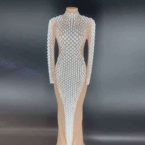 2020 New Custom-made Oval Pearl Long Sleeve Sexy Bodycon Long Dress Nude Mesh See Through Birthday Party Bar Singer Dress
