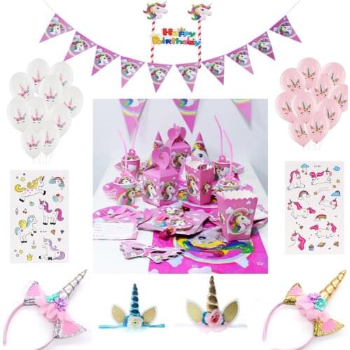 Unicorn Theme Party Decoration Kids Unicorn Party Paper Hat Napkins Plate Girl boy Happy One first Birthday Gifts Sets supplies