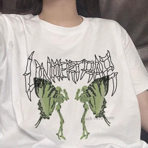 Hip Hop Streetwear Butterfly Skeleton Print Top Ulzzang Harajuku Summer Skulls Punk Vintage Goth Casual Loose Chic Women T-shirt