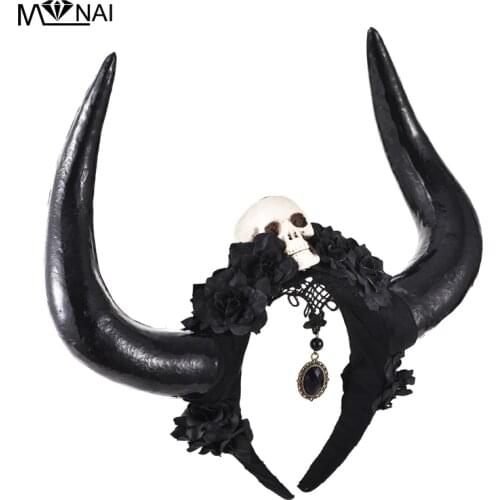 Unique Steampunk Black Veil Lacee Skull Roses Flowers Bull Horn Antler Goth Headband Halloween Fancy Dress Headpieces Gothic Cos