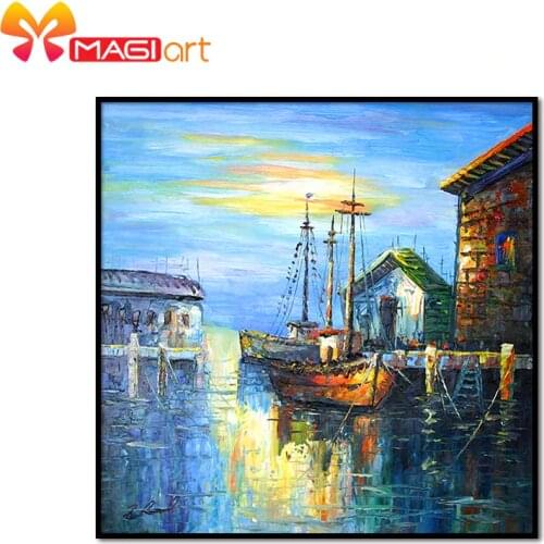 Cross stitch kits Embroidery needlework sets 11CT water soluble canvas patterns 14CT Oil painting Shore berthing-NCMS035
