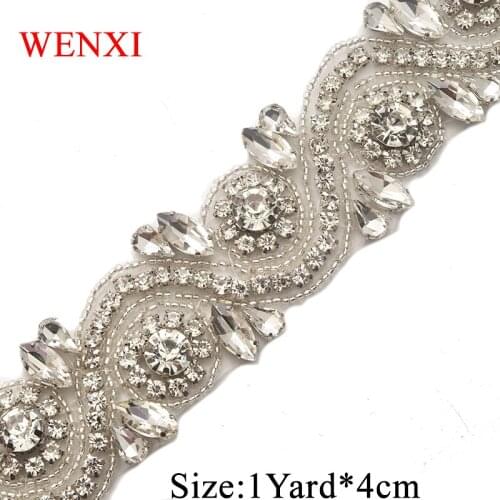 WENXI 10YARDS Handmade Sewing Bridal Sliver Clear Crystal Rhinestone Applique Trim Iron On For Wedding Dress Sash WX902