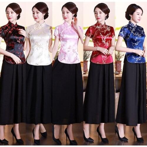 XL Cheongsam women Plum blossom Short Sleeve Tang Shirt Top Restaurant Service top Chinese Qipao Etiquette Top Daily mother Wear
