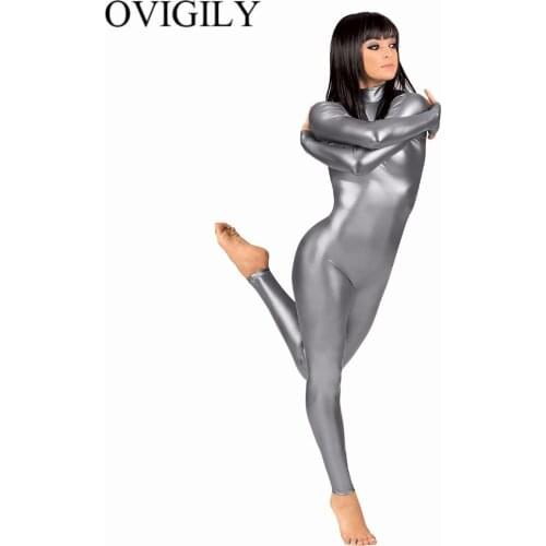 OVIGILY Women Gray Catsuits Shiny Full Bodysuits Girls Mock Neck Long Sleeve Zentai Suits Dancewear Halloween Costumes