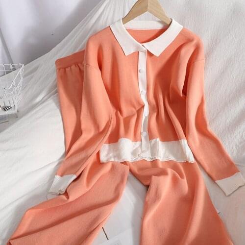Spring Color Contrast Lapel Button Pullover Blouse + All-Match Solid Wide Leg Trousers Knitted Two Piece Female Outfits zh774