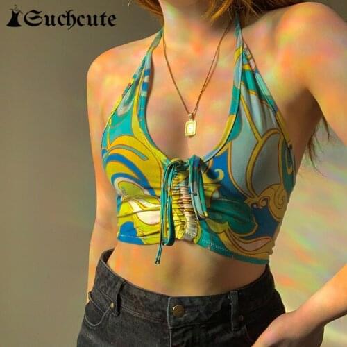 SUCHCUTE Vintage Y2K Aesthetic Halter Crop Top Korean Sexy V-Neck Ruched Camisole Women Summer Paisley Backless Tops Harajuku