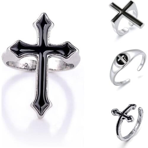 Retro Black Big Cross Open Ring For Women Party Jewelry Men Trendy Gothic Metal Color Finger Ring Anillo Jewelry gift