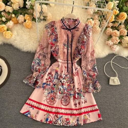 Retro Runway 2021 Summer Autumn Floral Print Shirt Dress Women Long Lace Sleeve Ruffles Dresses Short Pleated Cartoon Vestidos