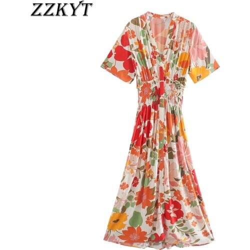 ZZKYT 2021 Women Summer Vintage Floral Print Midi Dress Fashion Short Sleeve Elastic Waist Single Breasted Female Party Dresses