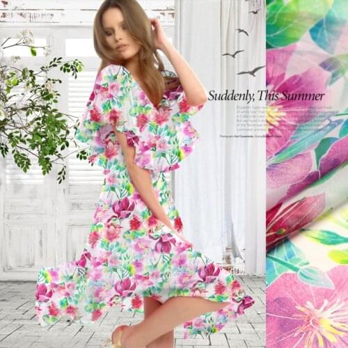 140cm wide 8mm pink floral print silk chiffon fabric for summer long beach dress shirt clothes soft thin fabric