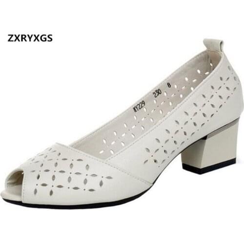 2020 New Summer Hollow Top Cowhide Fish Mouth Shoes Woman Sandals Elegant Comfort Leather Sandals High Heel Shoes Tide Sandals