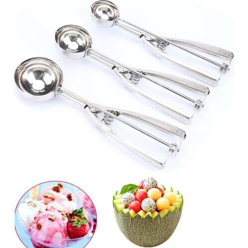 3 Sizes Cookie Scoop Stainless Steel Ice Cream Spoon Fruit Melon Meat Baller Scoop With Trigger Ice Cream Tools Kitchen Gadgets