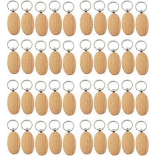 40Pcs Blank Oval Ellipse Wooden Key Chain DIY Keychain Pendant Keyring Tags Gifts