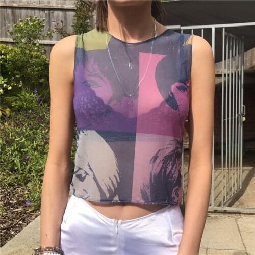 Basic Mesh Print Tank Crop Top Women Vest Grunge Fairycore Ruffle Sexy See-through Stretch Slim Mujer Camis 2021 Sexy Harajuku