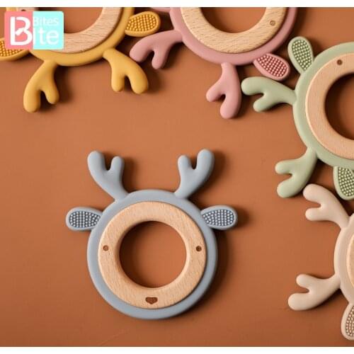 Bite Bites Baby Teether Cartoon Elk Silicone Molar Teether Wooden Ring BPA Free Wooden Teether Nursing Pendant ChildrenS Goods
