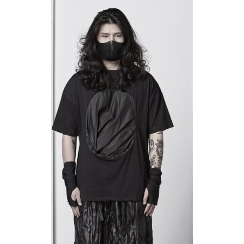 Independent designer dark patchwork cotton T-shirt nightclub personality trendy mens summer casual loose short sleeves