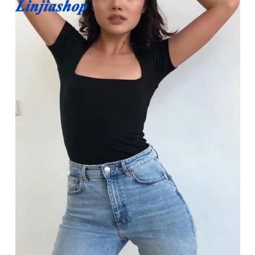 Retro T-shirt womens short sleeve irregular cut T-shirt summer square collar womens top solid color slim T-shirt basic top