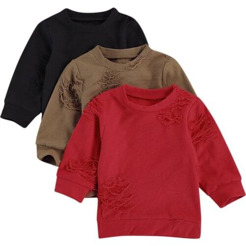 Kids Ripped Pullover Fashion Solid Color Round Neck Long Sleeve Blouse Top for Boys Girls Retro Tops Red/Black 3M-4Y Sweatshirts