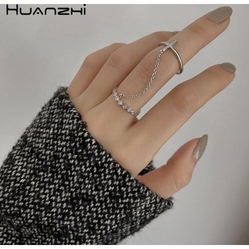 HUANZHI 2020 New Exquisite Rhinestone Silver Colour Cross Double Ring Two Fingers Metal Chain Rings for Women Party Jewelry