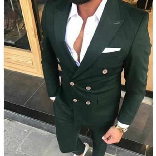 Tailor Made Fashion Double Breasted Dark Green Men Suits Slim Fit Groom For Wedding Dress Dinner Party Sets(Jacket+Vest+Pants)
