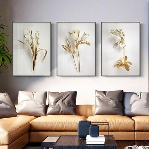Golden Flower Metal Flora Wall Art Poster Print Abstract Luxur Canvas Painting Modern Wall Pictures Decoration Home Aesthetic