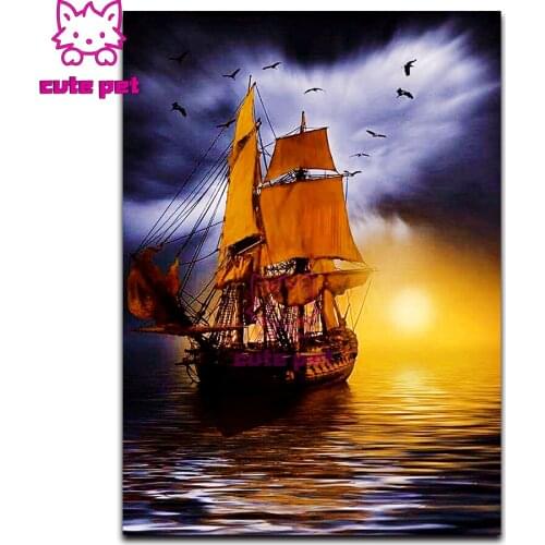 Pictures 5d diamond painting Sunset pirate ship Sea voyage full novelty 2020 mosaic art diamond embroidery Sailboat icons decor
