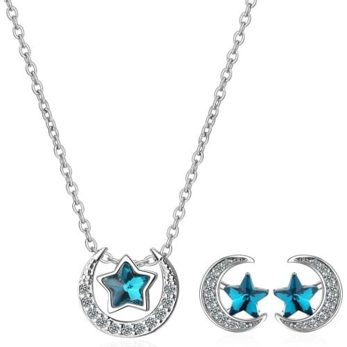 New Cute Blue Zircon Moon Star Stud Earrings Necklace Set for Girls Gift Women Wedding Jewelry Set
