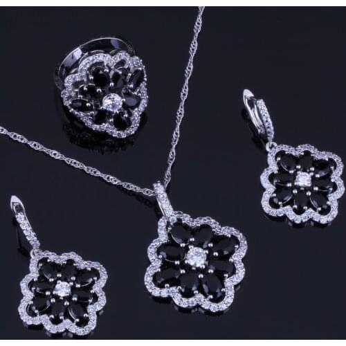 Noblest Flower Black Cubic Zirconia White CZ Silver Plated Jewelry Sets Earrings Pendant Chain Ring V0288
