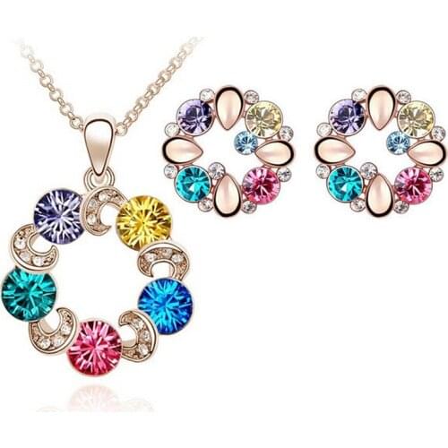 2021 Cheap Fashion Woman Jewelry Sets of Rhinestone silver Plated Round Crystal Necklace And Earrings Set
