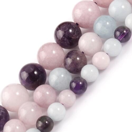 AAA Natural Aqamarines Kunzite Amethysts Round Loose Stone Beads for Jewelry Making Diy Bracelet Accessories 15'' 6/8/10mm