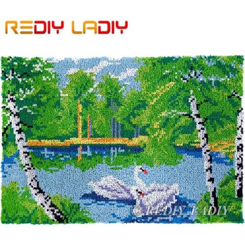 Latch Hook Kits Forest Lake Swan DIY Carpet Rug Lush Tapestry Kits Chunky Yarn Knitted Floor Mat Crochet Cushion Crafts 85*58cm
