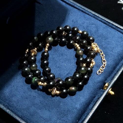 Lii Ji 6mm Black Obsidian 14K Gold Filled Necklace 45+5cm For Women Men Jewelry